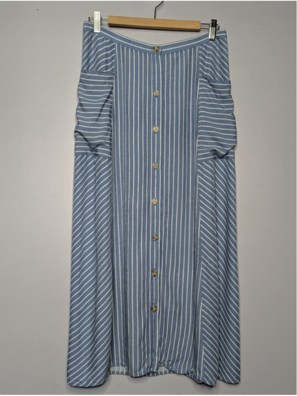 J. Jill Blue White Striped Button Front Midi Maxi Skirt Size Small Pockets Rayon